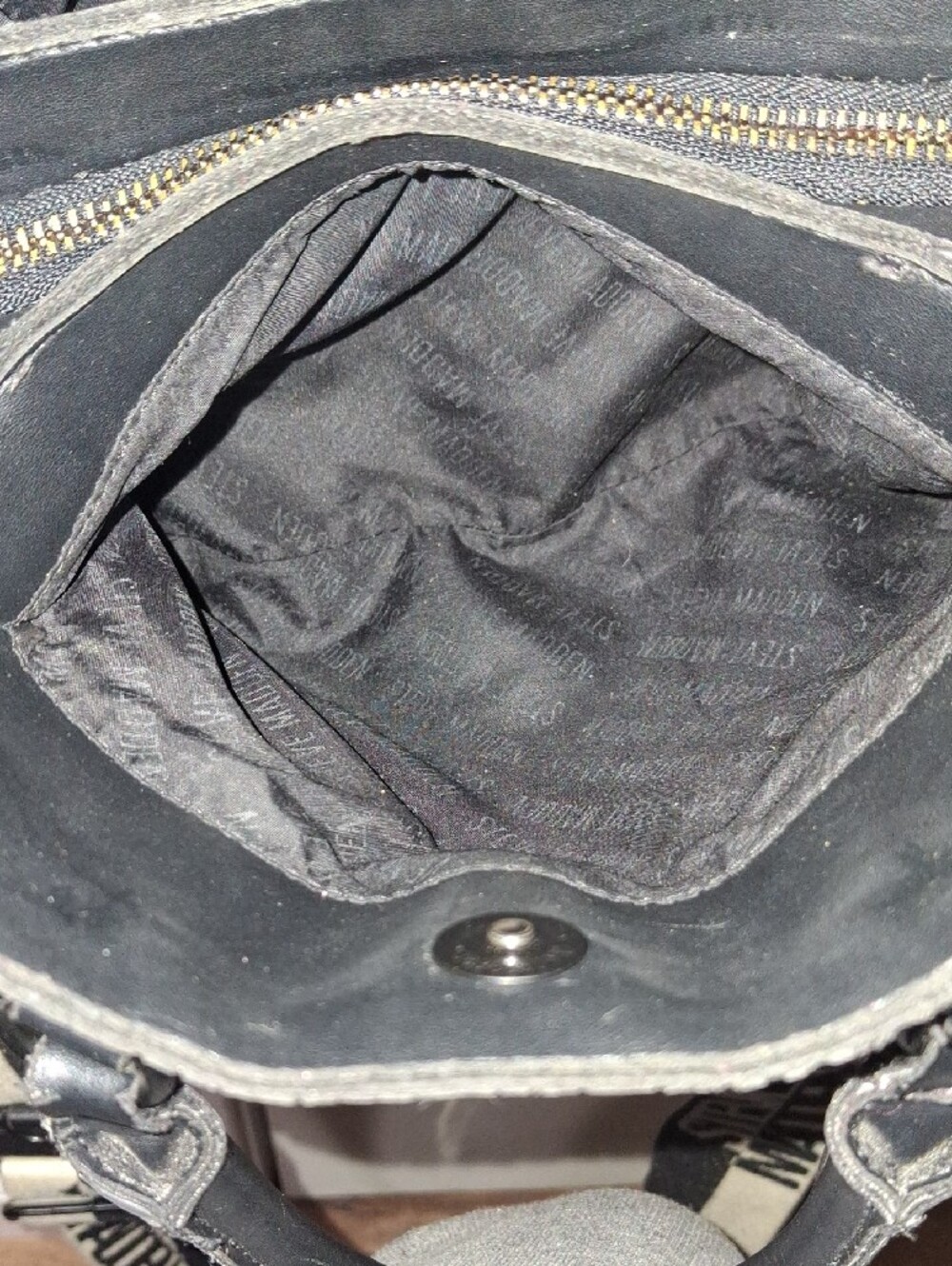 Steve Madden Black Embossed Logo Crossbody Satchel with Branded Guitar Strap - Picture 5 of 14